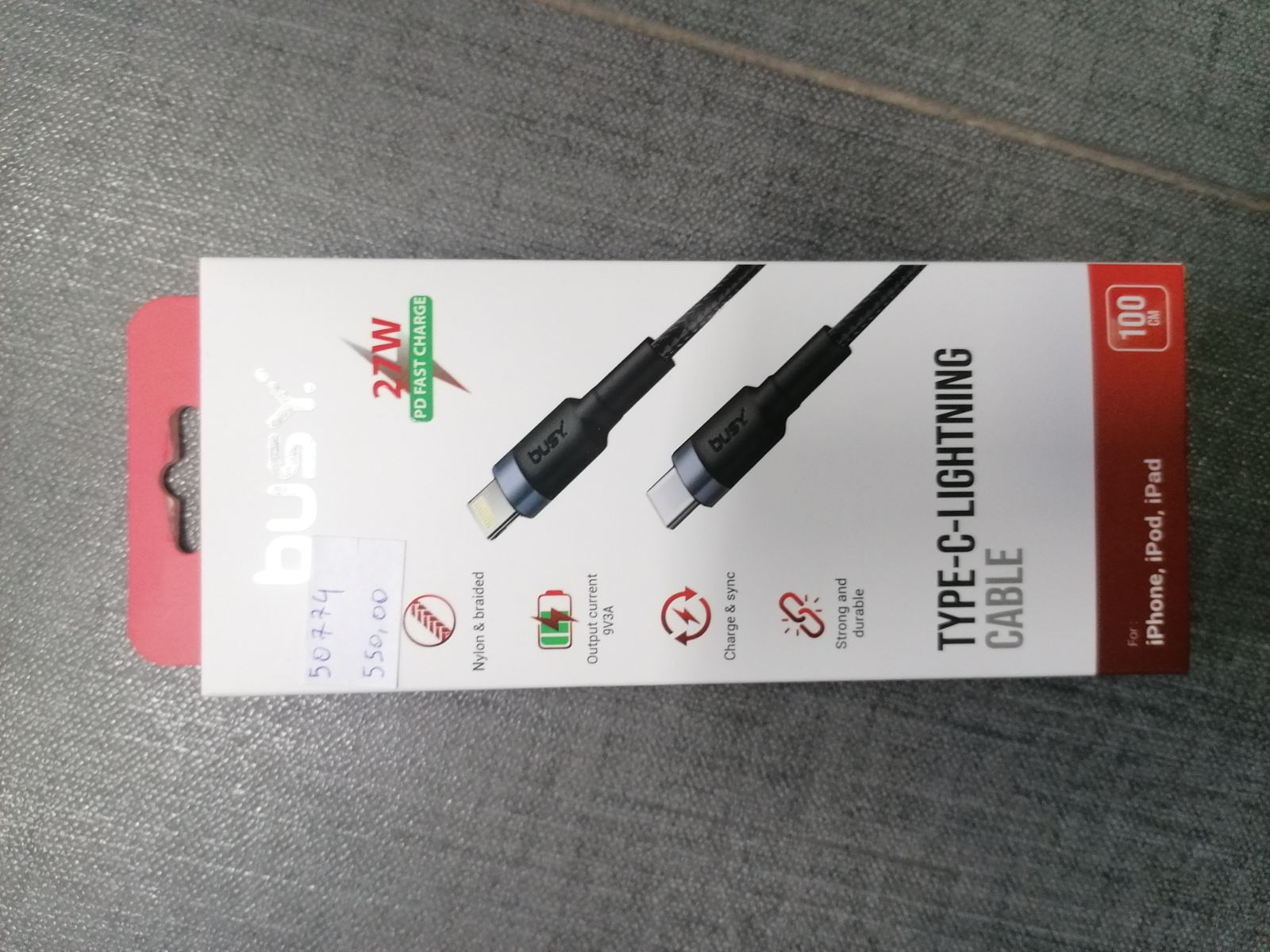Busy pleteni kabal tip C 27W 1m crni